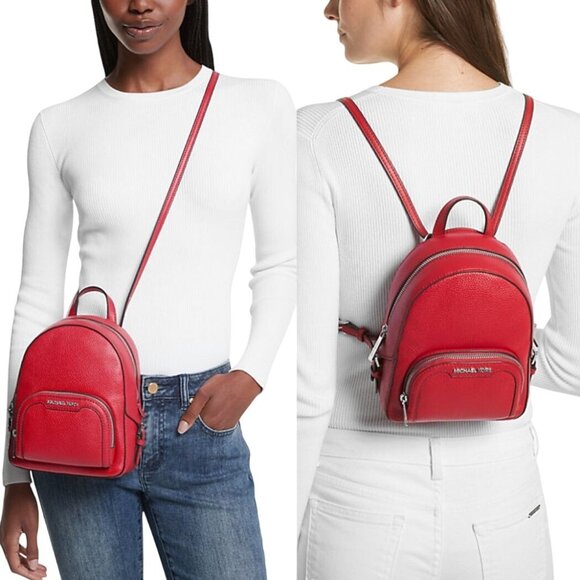 NWT Michael Kors Jaycee Mini XS Leather Zip Pocket Backpack Bright Red Crossbody - Picture 1 of 6